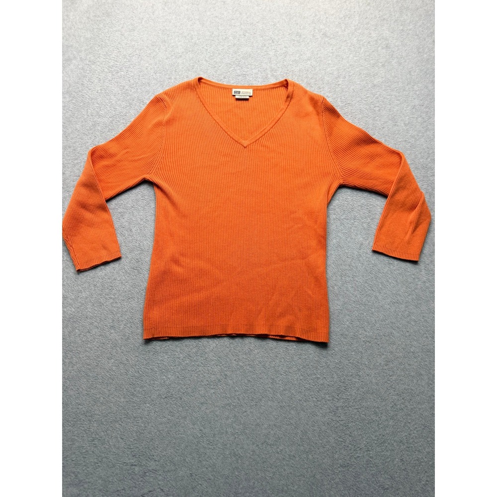Vintage Faded Glory Womens Orange Ribbed V-Neck 3/4 Sleeve Sweater Large 12/14